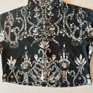 Norma Kamali rare Black “Dark Jewels” printed Turtleneck Crop Top